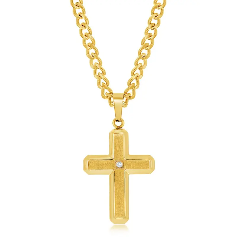 Stainless Steel Brushed & Polished w/ Single CZ Cross Necklace - Gold Plated