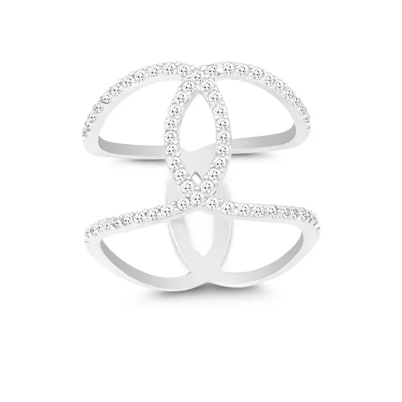 Sterling Silver Double CZ Wire with Center CZ Swirl Wide Ring