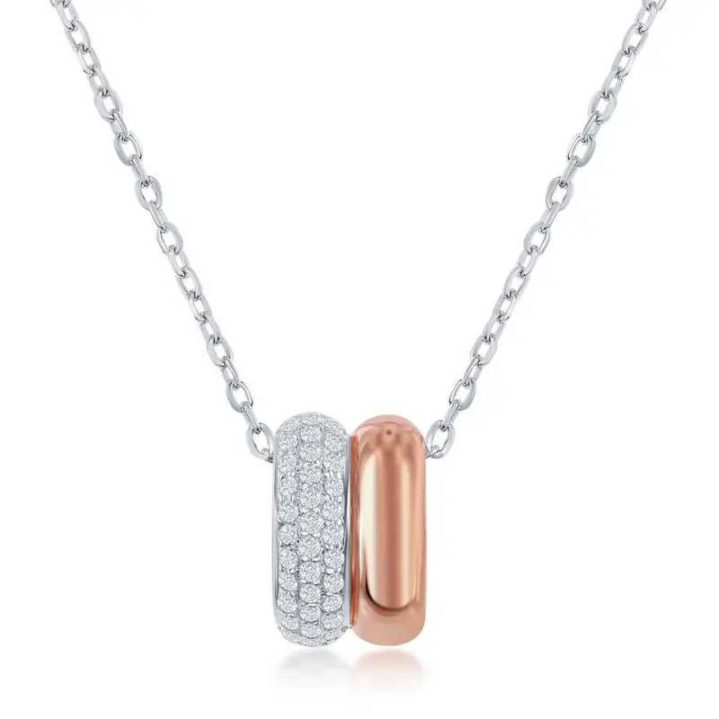 Sterling Silver Two-Tone Rose Gold Micro Pave Double Oval Necklace