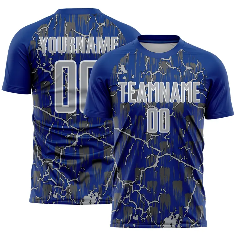 Custom Royal Gray-White Lightning Sublimation Soccer Uniform Jersey
