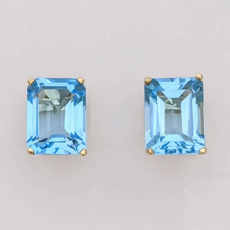 14K BLUE TOPAZ EMERALD CUT 7X9 ESTATE STUD EARRINGS 2.2 GRAMS