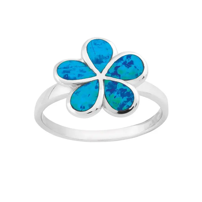 Sterling Silver Blue Inlay Opal Flower Ring