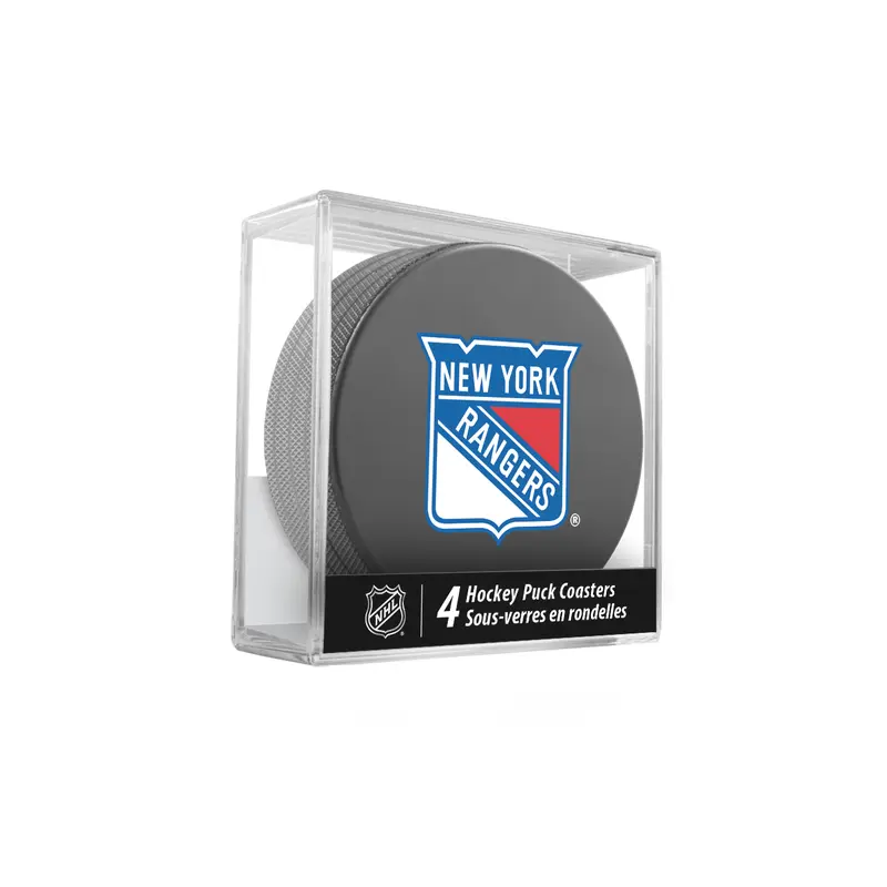 NHL New York Rangers Hockey Puck Drink Coasters (4-Pack) In Cube