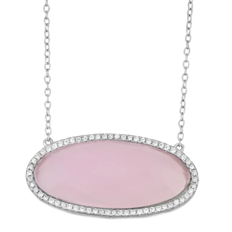 Sterling Silver  Large Oval Faceted Created Rose Quartz with CZ Border Necklace