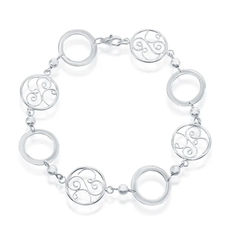 Sterling Silver Open & Designed Circle Linked Bracelet