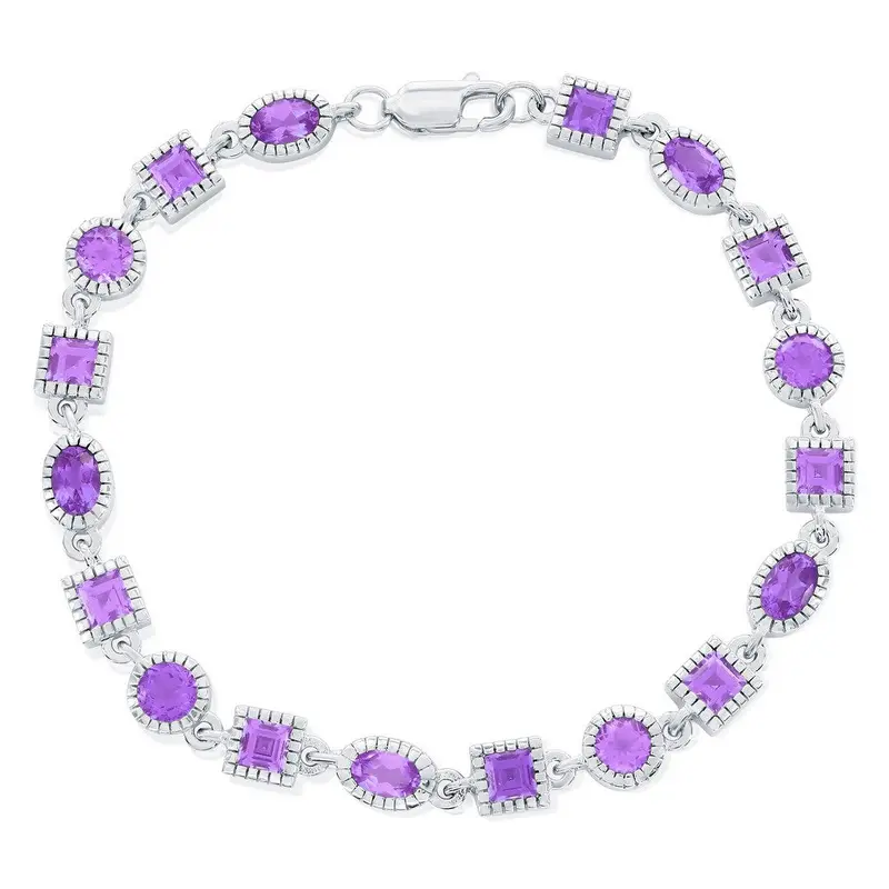 Sterling Silver Oval & Square Gem Bracelet - Amethyst