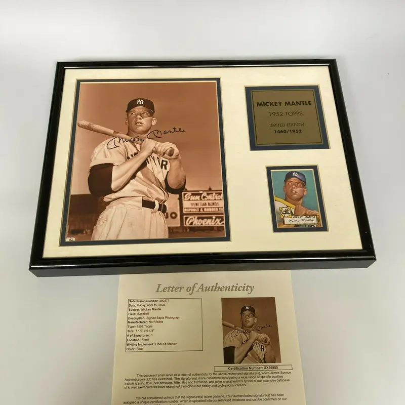 Mickey Mantle Signed 1952 Topps RC 8x10 Photo Framed Display With JSA COA