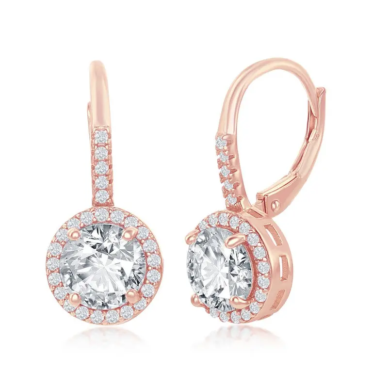 Sterling Silver Round CZ Halo Earrings - Rose Gold Plated