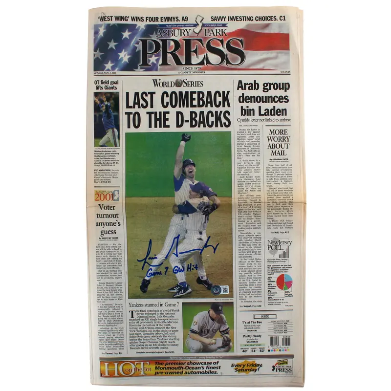 D-Backs Luis Gonzalez "Game 7 GW Hit" Signed Asbury Park Press Newspaper BAS Wit