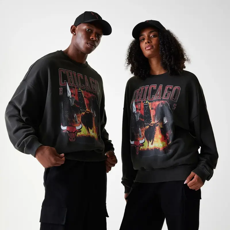 Chicago Bulls NBA Washed Graphic Grey Oversized Crew Neck Sweater