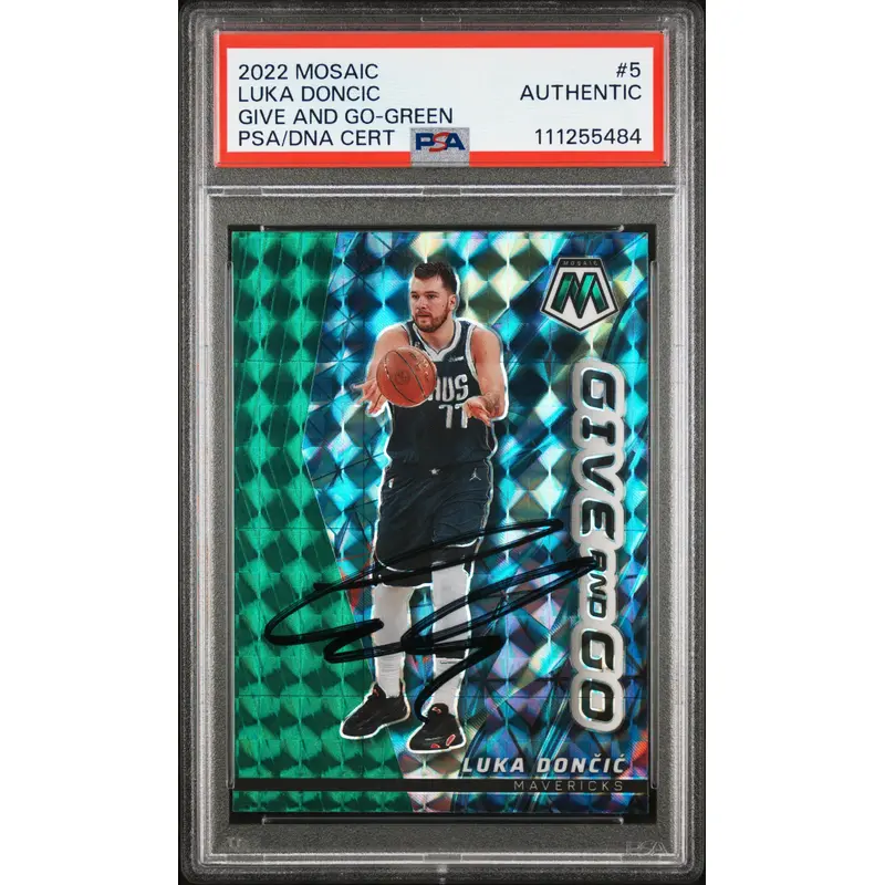 Luka Doncic Signed 2022 Mosaic Give and Go Green Prizm #5 Card PSA Slabbed