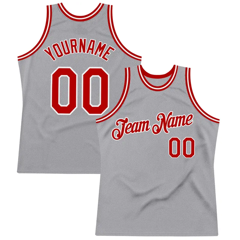 Custom Gray Red-White Authentic Throwback Basketball Jersey