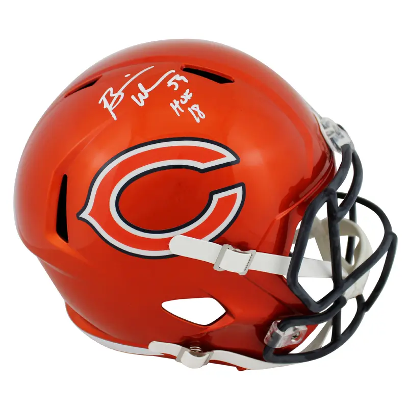 Bears Brian Urlacher "HOF 18" Signed Flash Full Size Speed Rep Helmet BAS Wit