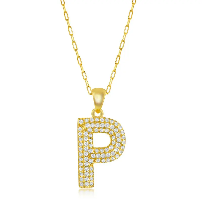 Sterling Silver Micro Pave CZ  'P'  Block Initial w/ Paperclip Chain - Gold Plated