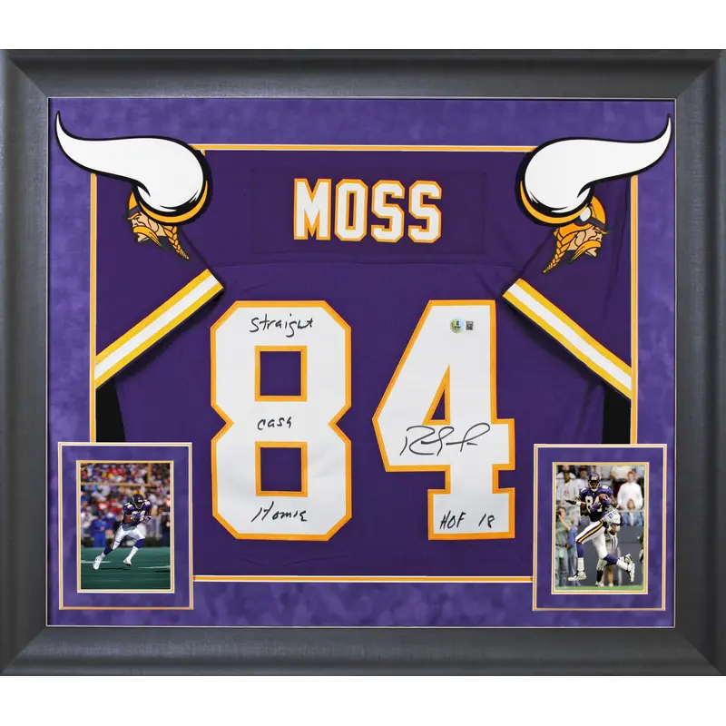 Vikings Randy Moss "2x Insc" Signed Purple 1998 M&N TB Framed Jersey BAS Witness