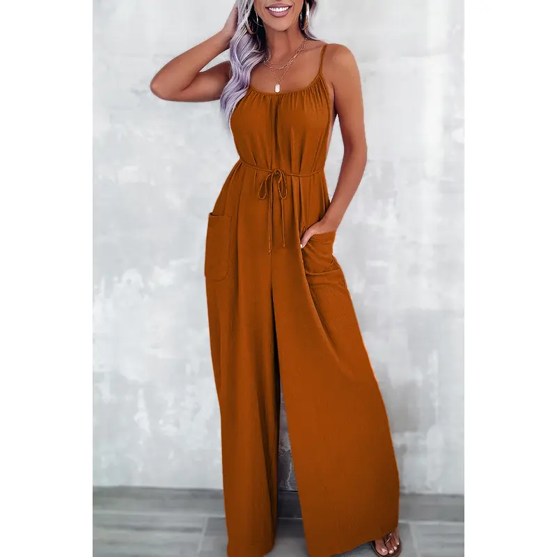 Chestnut Spaghetti Straps Waist Tie Wide Leg Jumpsuit with Pockets