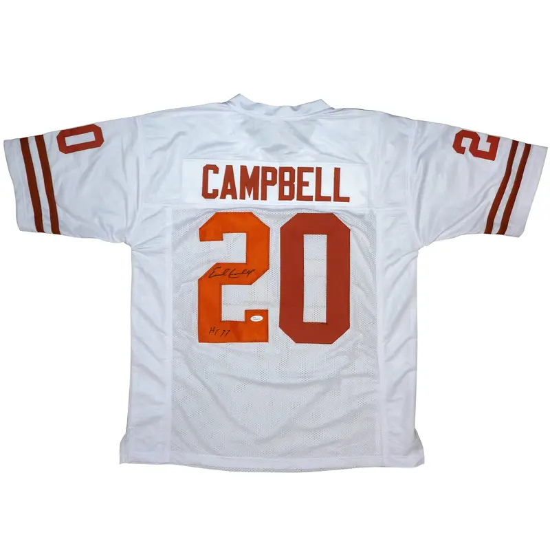 Earl Campbell Autographed Texas Longhorns (White #20) Custom Jersey w/ HT 77 - JSA