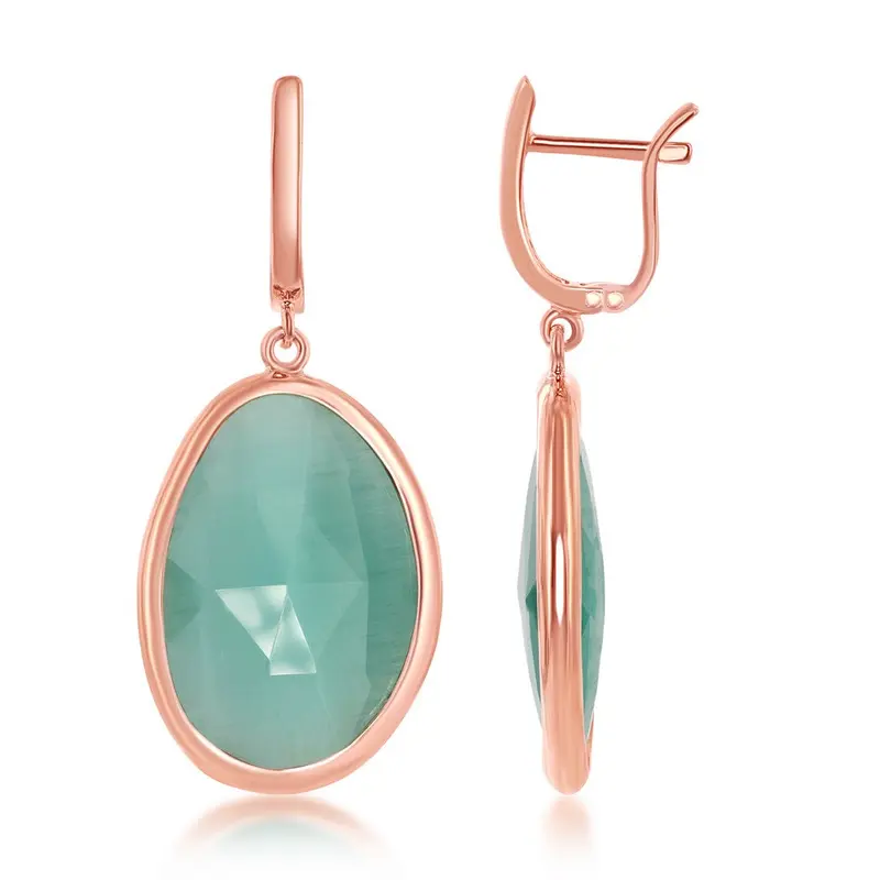 Sterling Silver Light Green Oval Cat?s Eye Earrings - Rose Plated