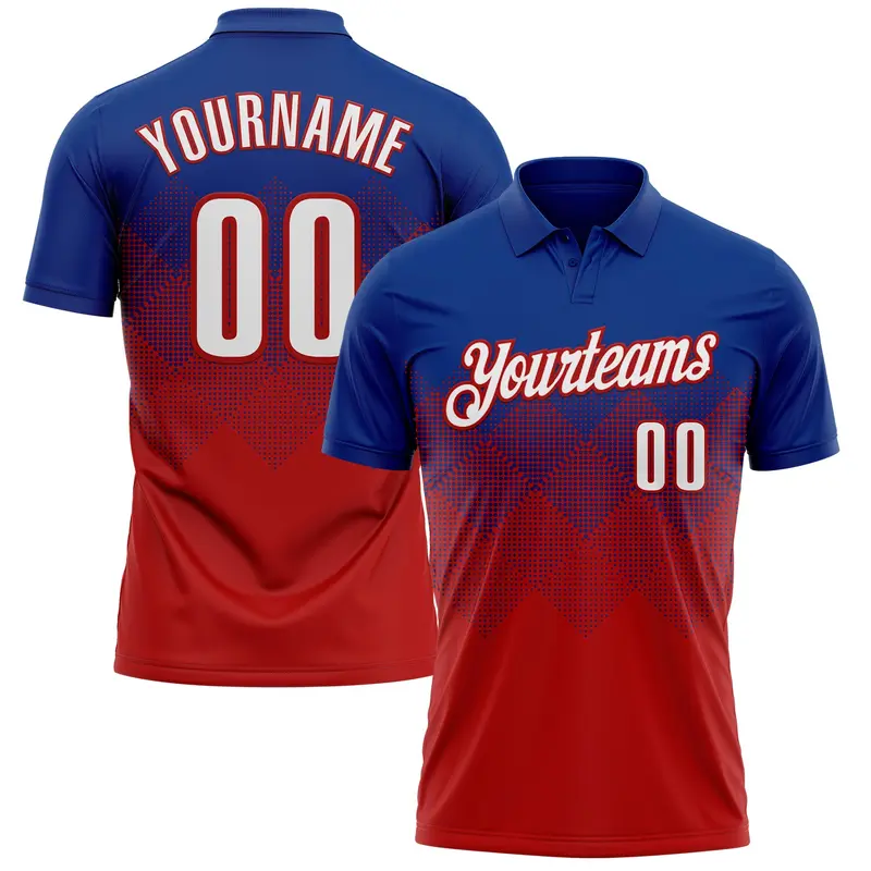 Custom Royal White-Red 3D Gradient Square Shape Performance Polo Shirt