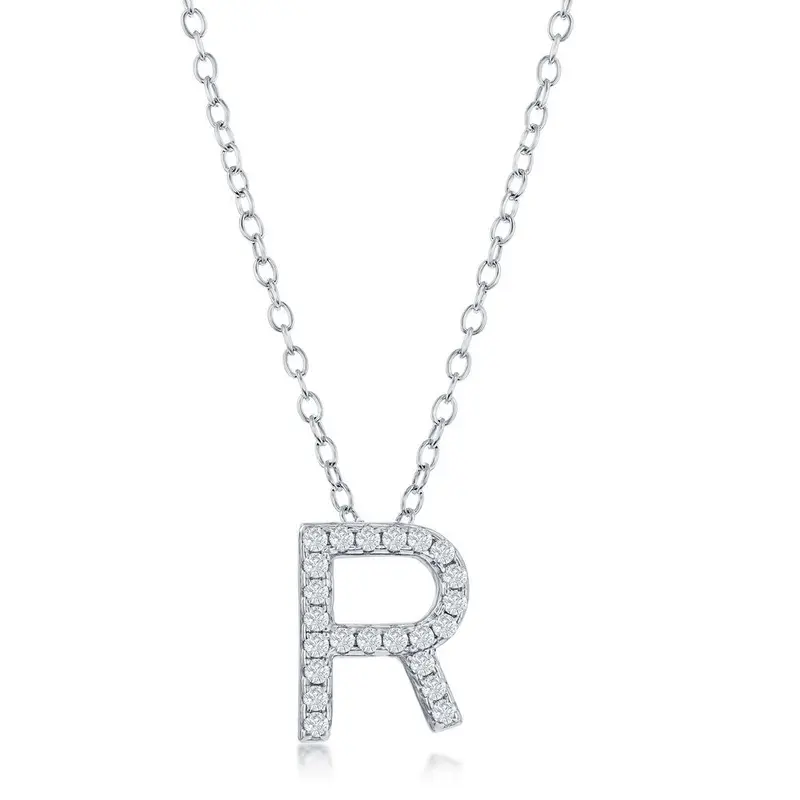Sterling Silver Micro Pave "R" Pendant Necklace