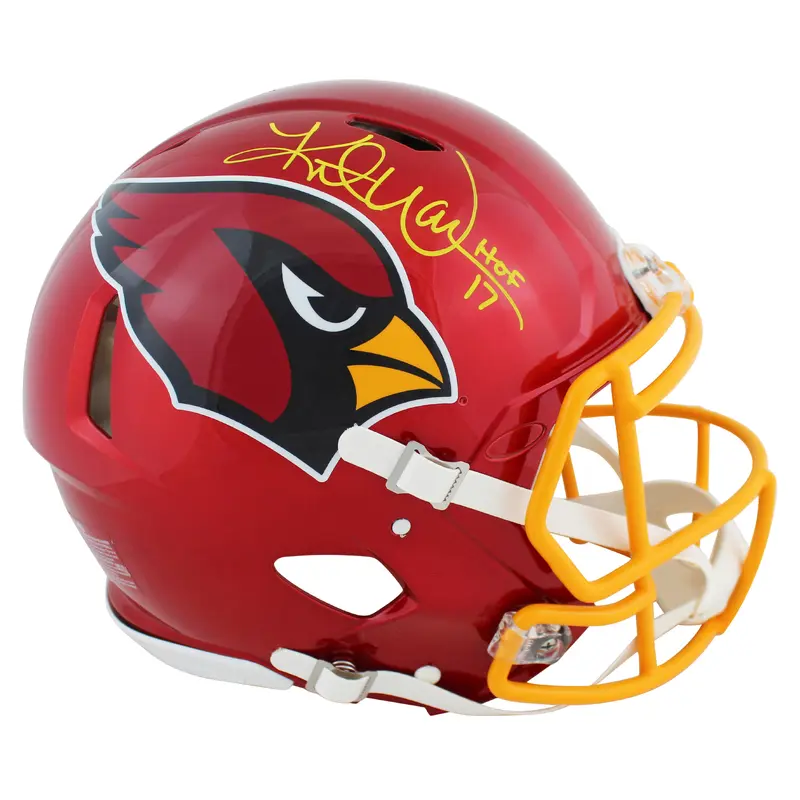 Cardinals Kurt Warner "HOF 17" Signed Flash Full Size Speed Proline Helmet BAS W
