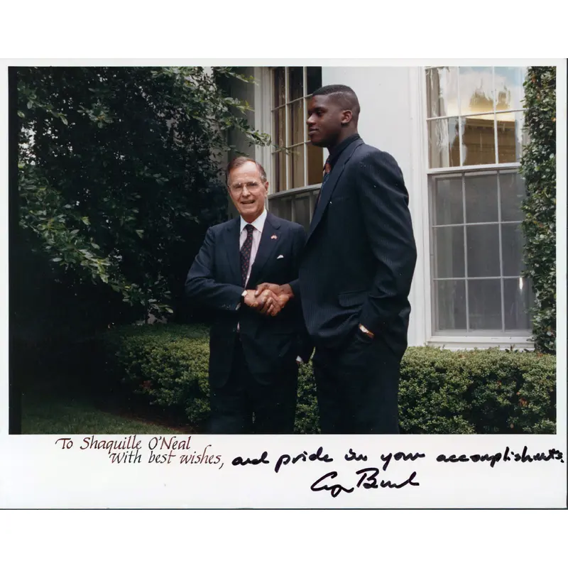 George H.W. Bush Signed 8x10 White House Photo w/ Shaquille O'Neal BAS #AA03700