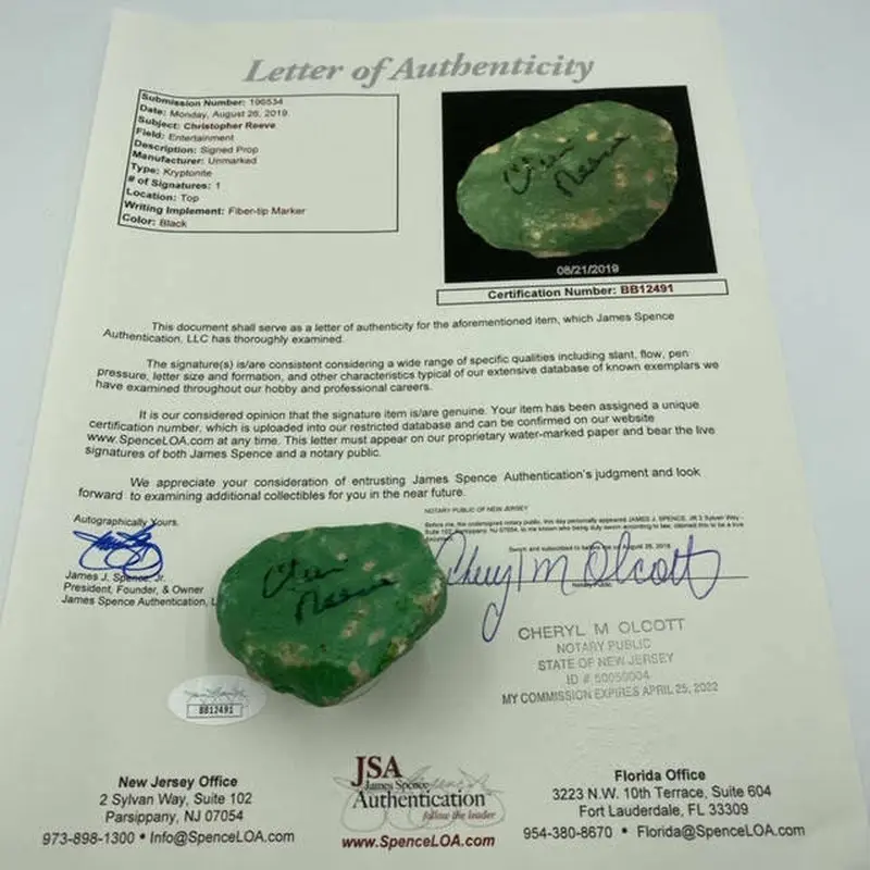 Christopher Reeve Signed Superman Kryptonite Movie Prop JSA COA & Photo Proof