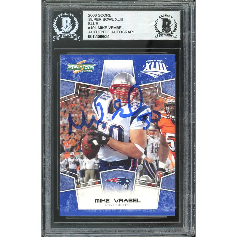 Patriots Mike Vrabel Signed 2008 Score Super Bowl XLIII Blue #191 Card BAS Slab