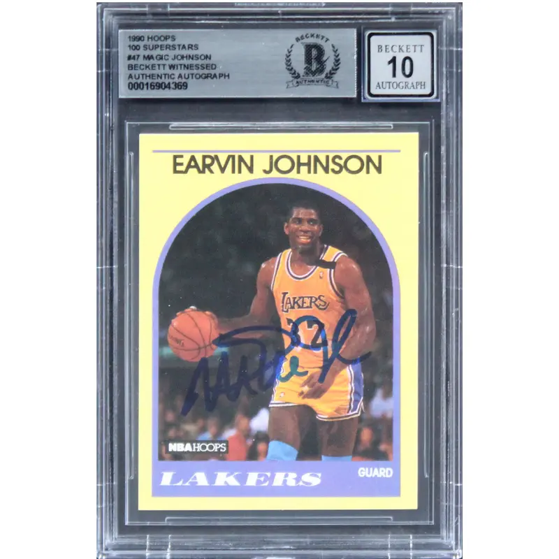 Lakers Magic Johnson Signed 1990 Hoops 100 Superstars #47 Card Auto 10! BAS Slab