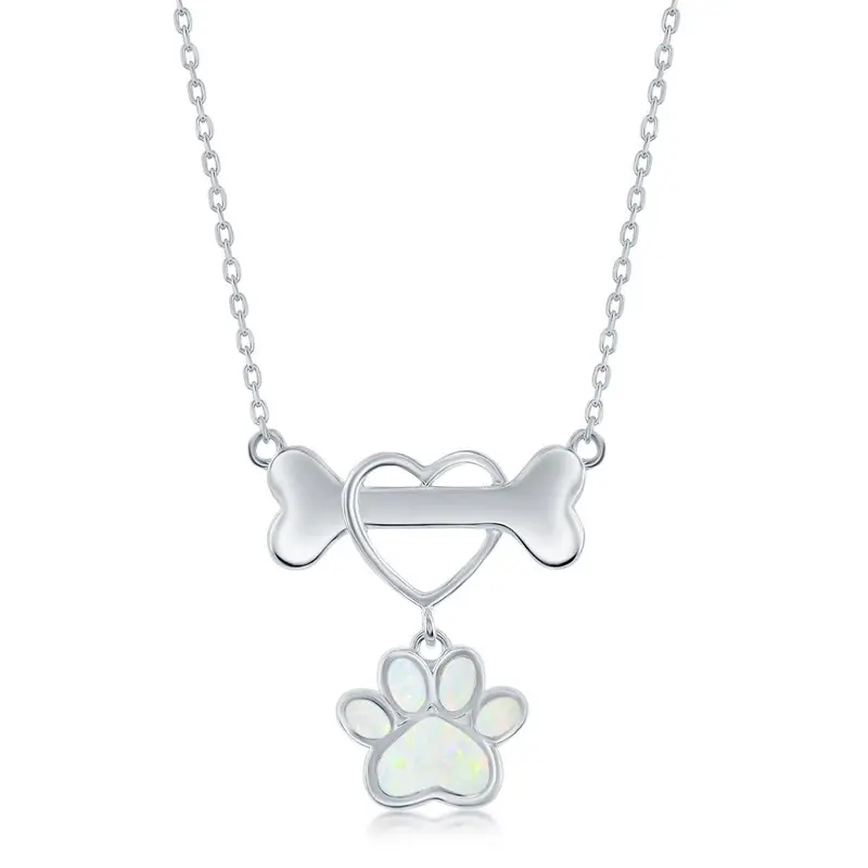 Sterling Silver, Dog Bone & Heart, Opal Paw Necklace -  White Opal