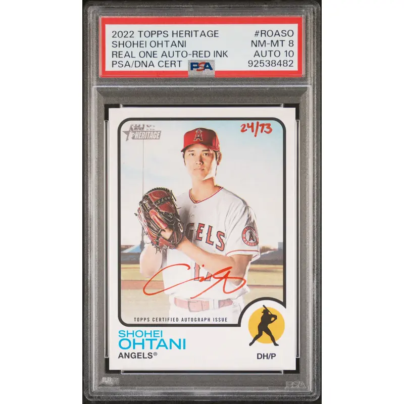 Shohei Ohtani 2022 Topps Heritage Real One Red Ink Auto #24/73 PSA 8 Auto 10