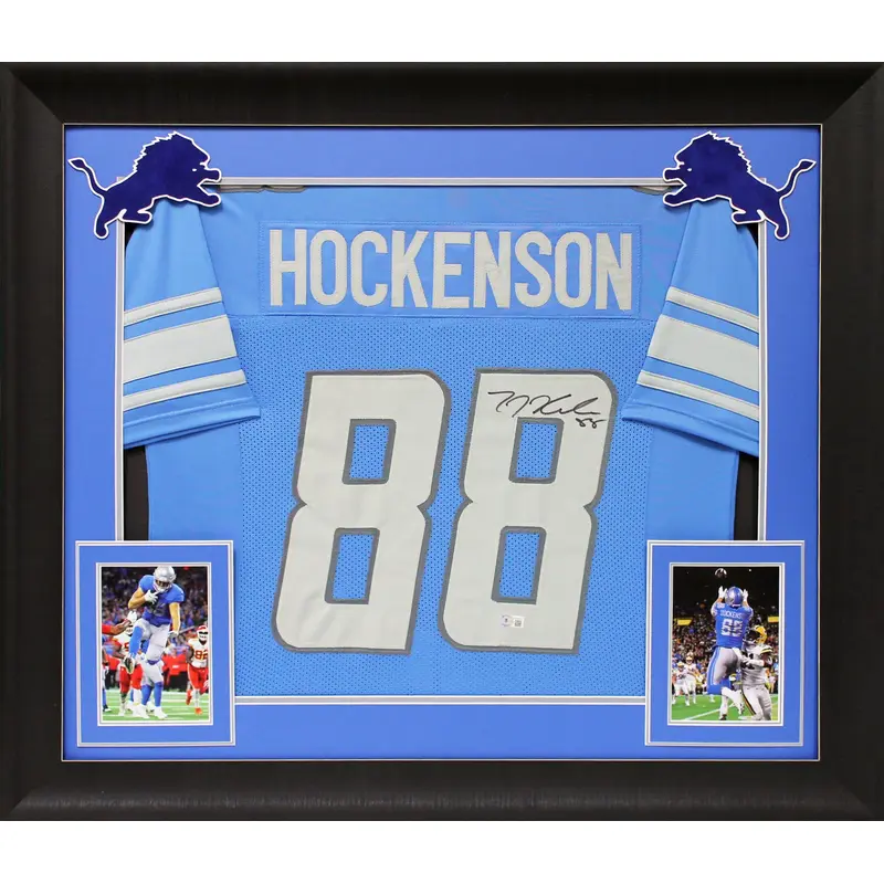 T.J. Hockenson Authentic Signed Blue Pro Style Framed Jersey BAS Witnessed