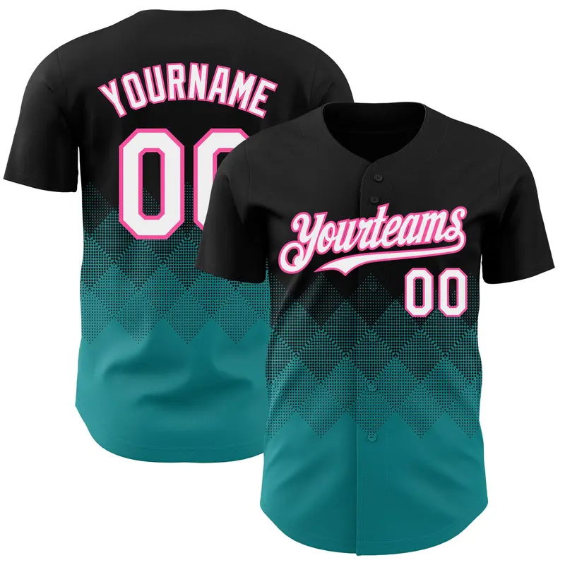 Custom Black White Teal-Pink 3D Gradient Square Shape Authentic Baseball Jersey