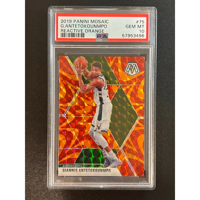 2019-20 Panini Mosaic #75 Giannis Antetokounmpo Reactive Orange PSA 10 Bucks