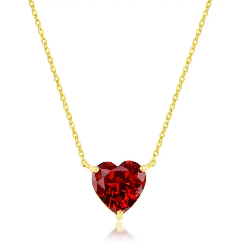 Sterling Silver 11mm Burgundy Heart CZ Necklace - Gold Plated