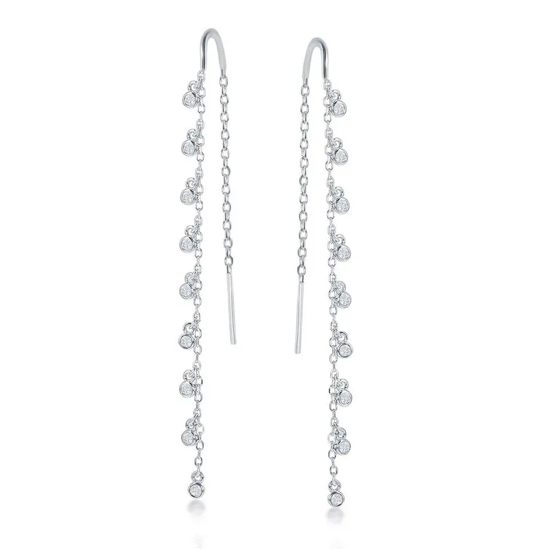 Sterling Silver Hanging Bezel-set CZ with Hanging Bar Chain Threader Earrings