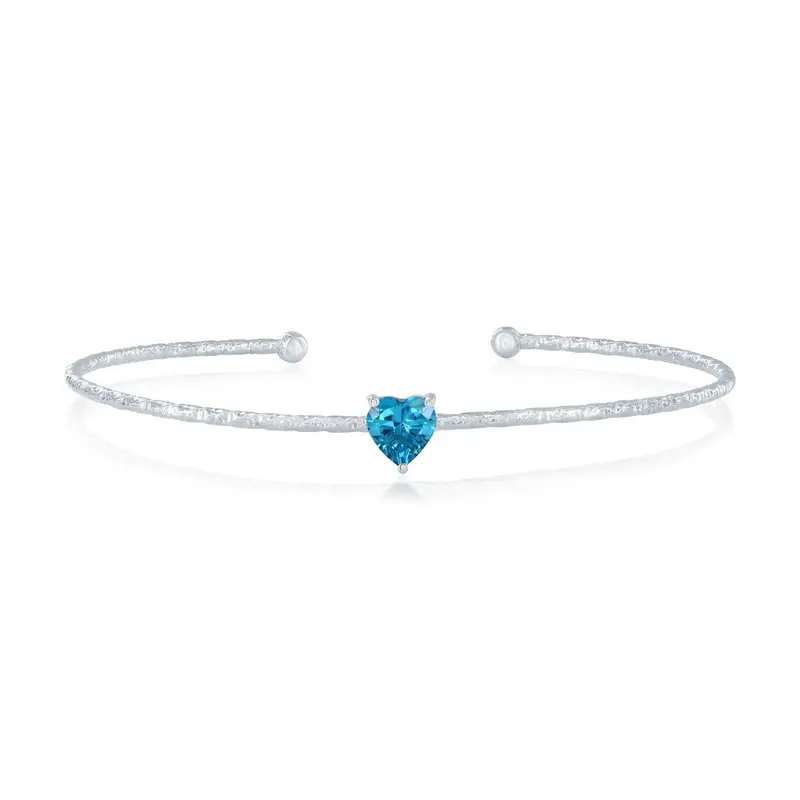 Sterling Silver, 'March' Birthstone CZ Heart Bangle - Aquamarine