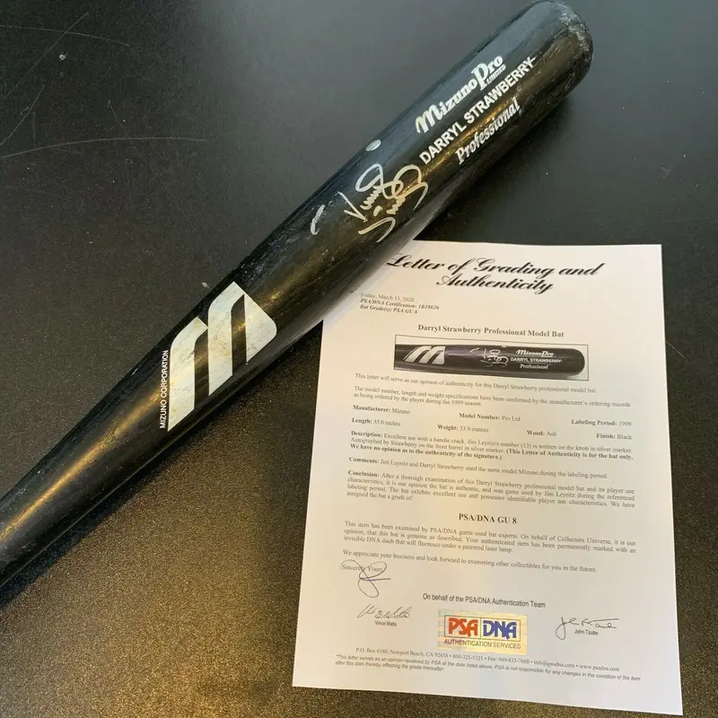 Jim Leyritz Darryl Strawberry Game Used Signed Baseball Bat PSA DNA 9
