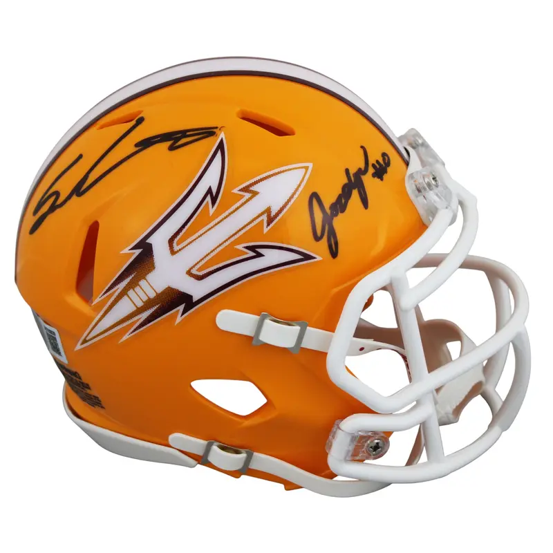 ASU Sam Leavitt & Jordyn Tyson Signed Gold Speed Mini Helmet BAS Witnessed