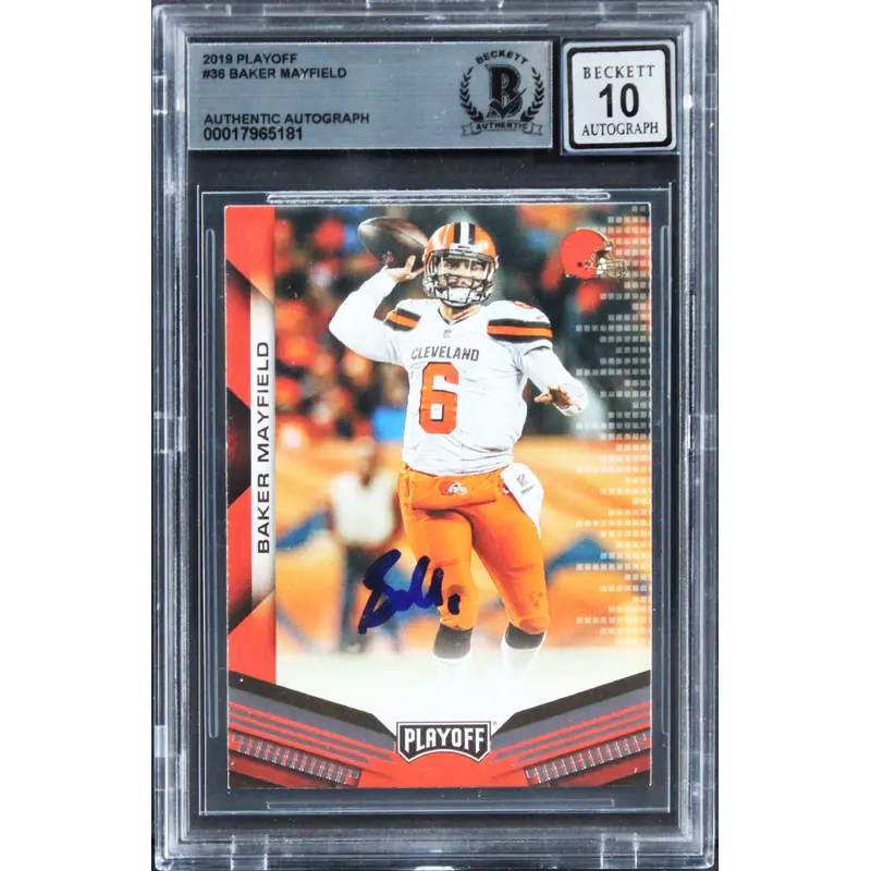Browns Baker Mayfield Signed 2019 Playoff #36 Card Auto Graded 10! BAS Slabbed