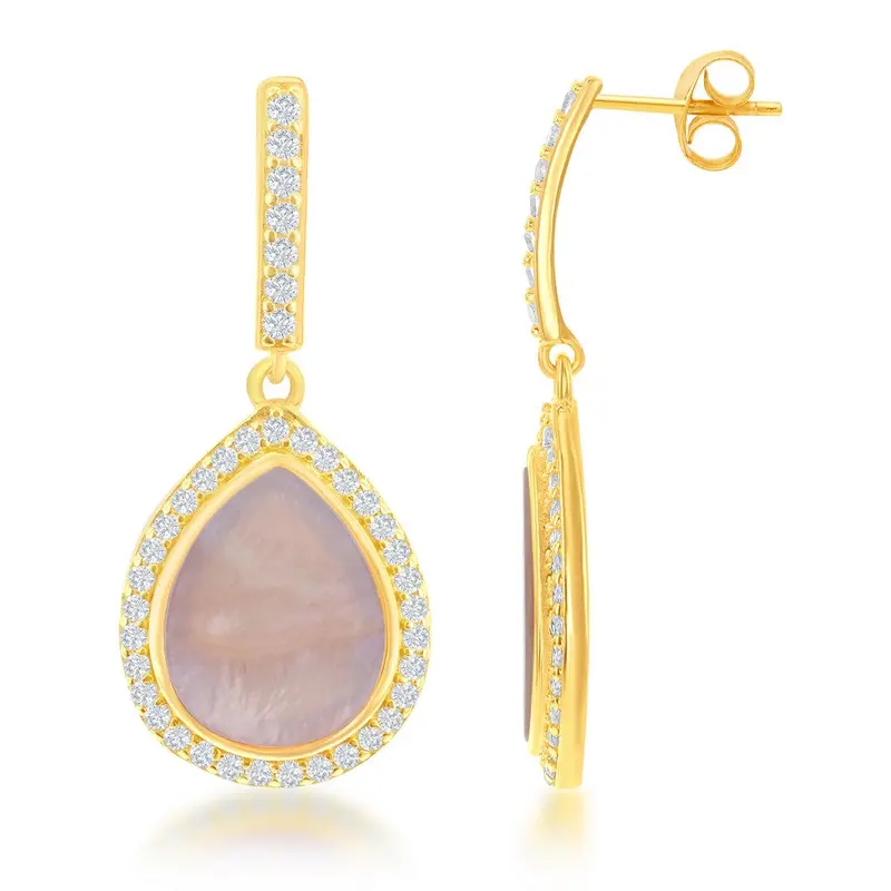 SSterling Silver GP Dangling Pink MOP Teardrop with CZ Border Earrings