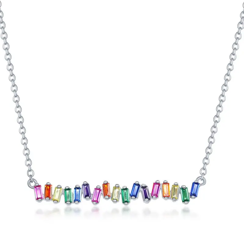 Sterling Silver Rainbow Baguette CZ Bar Necklace