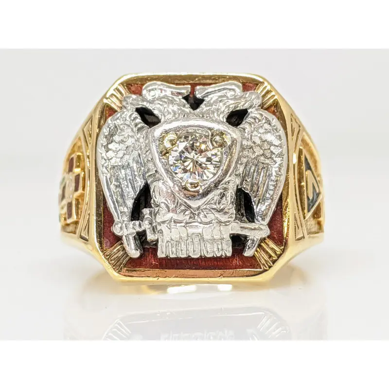 14K .21 CARAT TOTAL I1 I DIAMOND ROUND MASONIC ESTATE RING 17.0 GRAMS