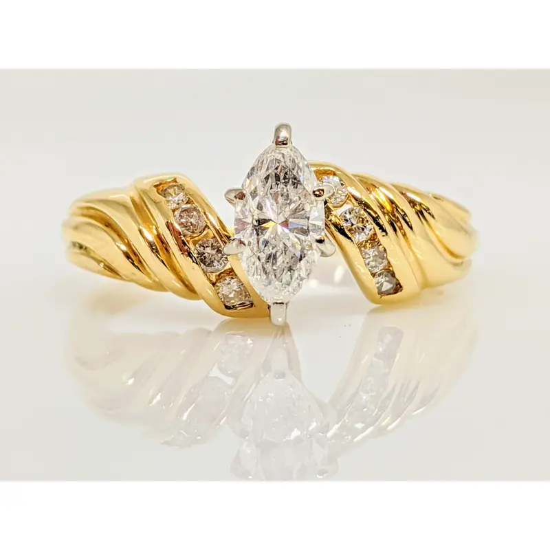 14K .71 CARAT TOTAL WEIGHT I2 F DIAMOND MARQUISE WITH (8) ROUND ESTATE RING 3.9 GRAMS