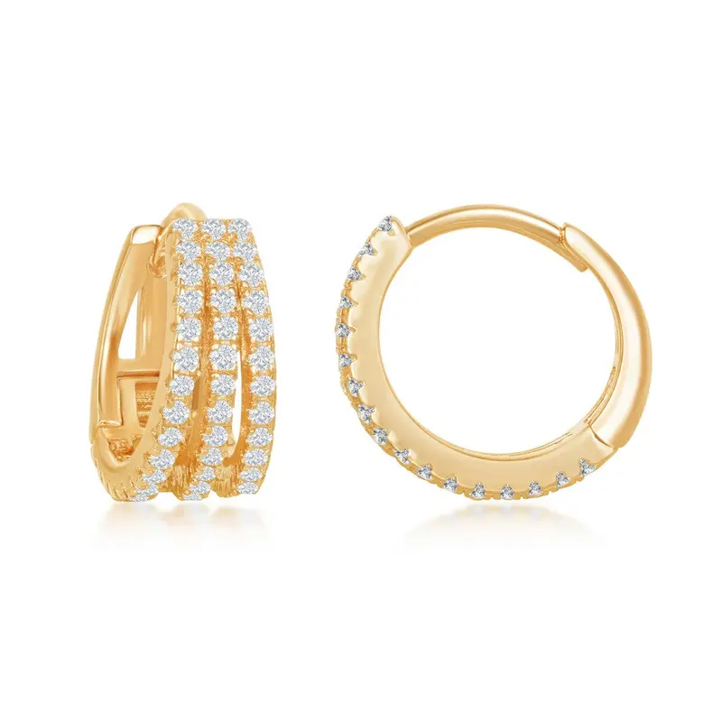 Sterling Silver Triple Row CZ Small Hoop Earrings - Gold Plated