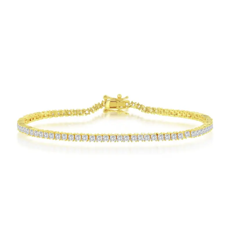 Sterling Silver 3mm Princess-Cut CZ Tennis Bracelet - Gold Plated