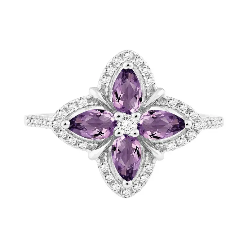 Sterling Silver .76 ct Pear Amethyst with .377 ct White Topaz Ring