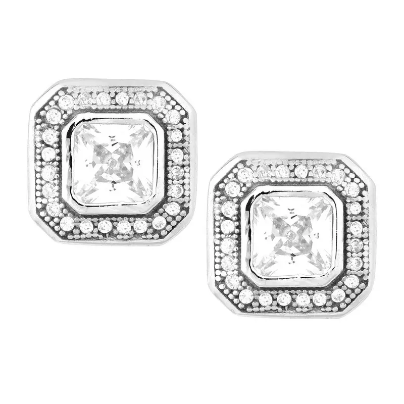Sterling Silver Micro Pave Border with Center Square CZ Earrings