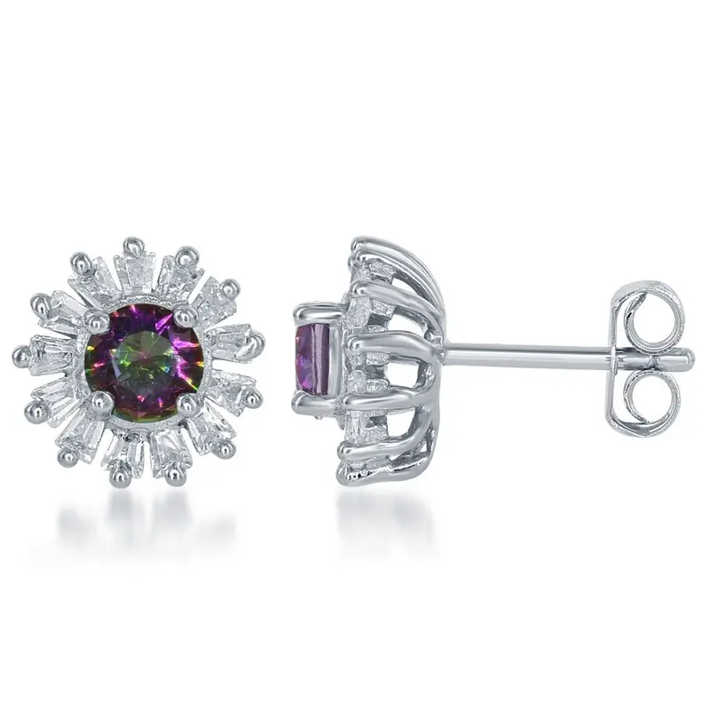 Sterling Silver Small Round CZ with Baguette Border Stud Earrings - Rainbow