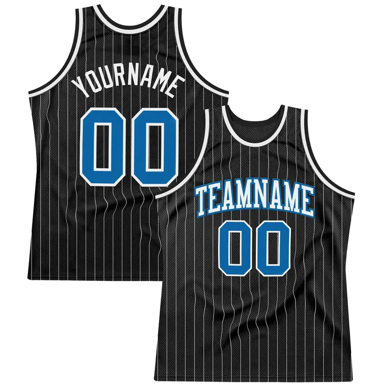 Custom Black White Pinstripe Blue Authentic  Basketball Jersey